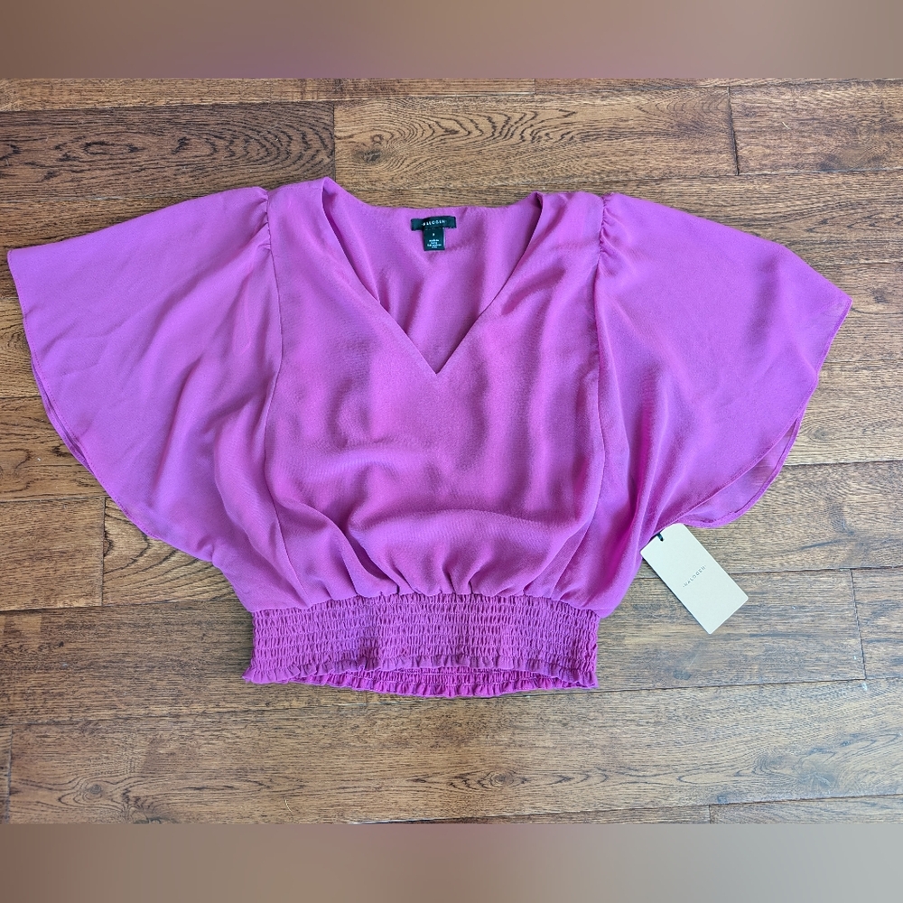 NWT Halogen Ladies Flutter Sleeve Smocked Waist Top Shirt Blouse Semi-Sheer Sz S
